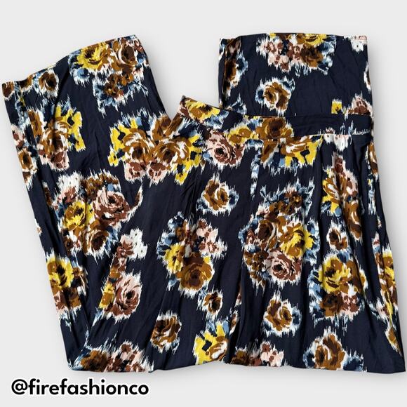 Band of Gypsies Wide Leg Floral Boho Pants Navy Blue Rayon Medium - Picture 1 of 8